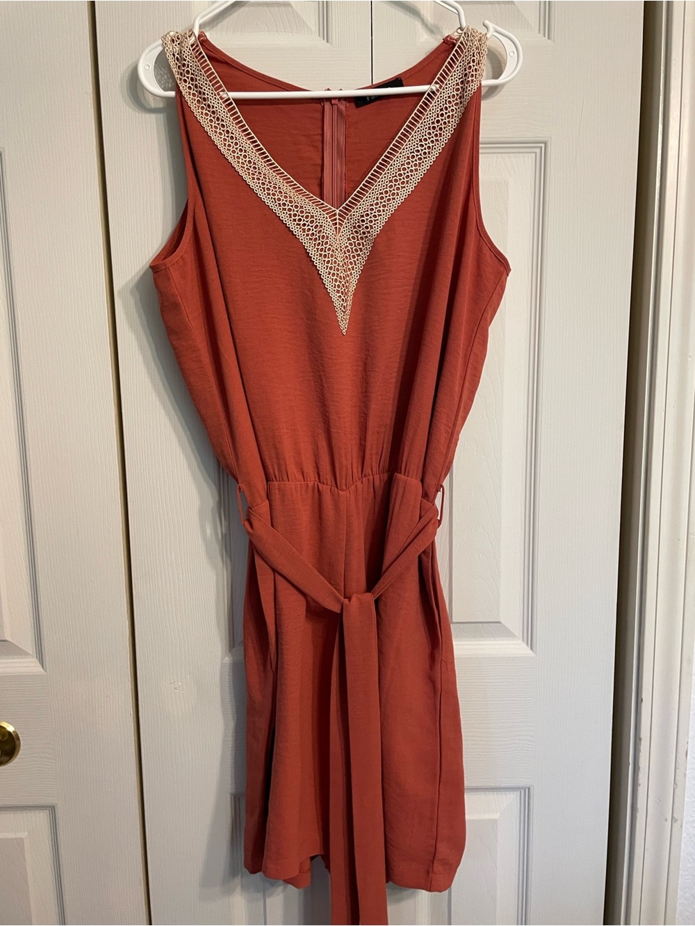 Sleeveless Rust Crochet-Trim Jumper with Waist Tie